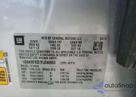 2015 Chevrolet Traverse Ls из США, поврежденный, VIN 1GNKRFED7FJ340060